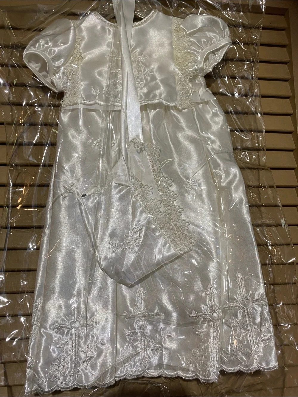 Ivory Satin  Girl Dress with Lace Trim and hat